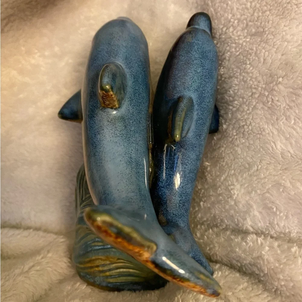 Glazed Pottery Dolphins Figure School Of Dolphins 5”x7